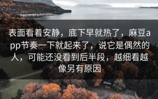 表面看着安静，底下早就热了，麻豆app节奏一下就起来了，说它是偶然的人，可能还没看到后半段，越细看越像另有原因